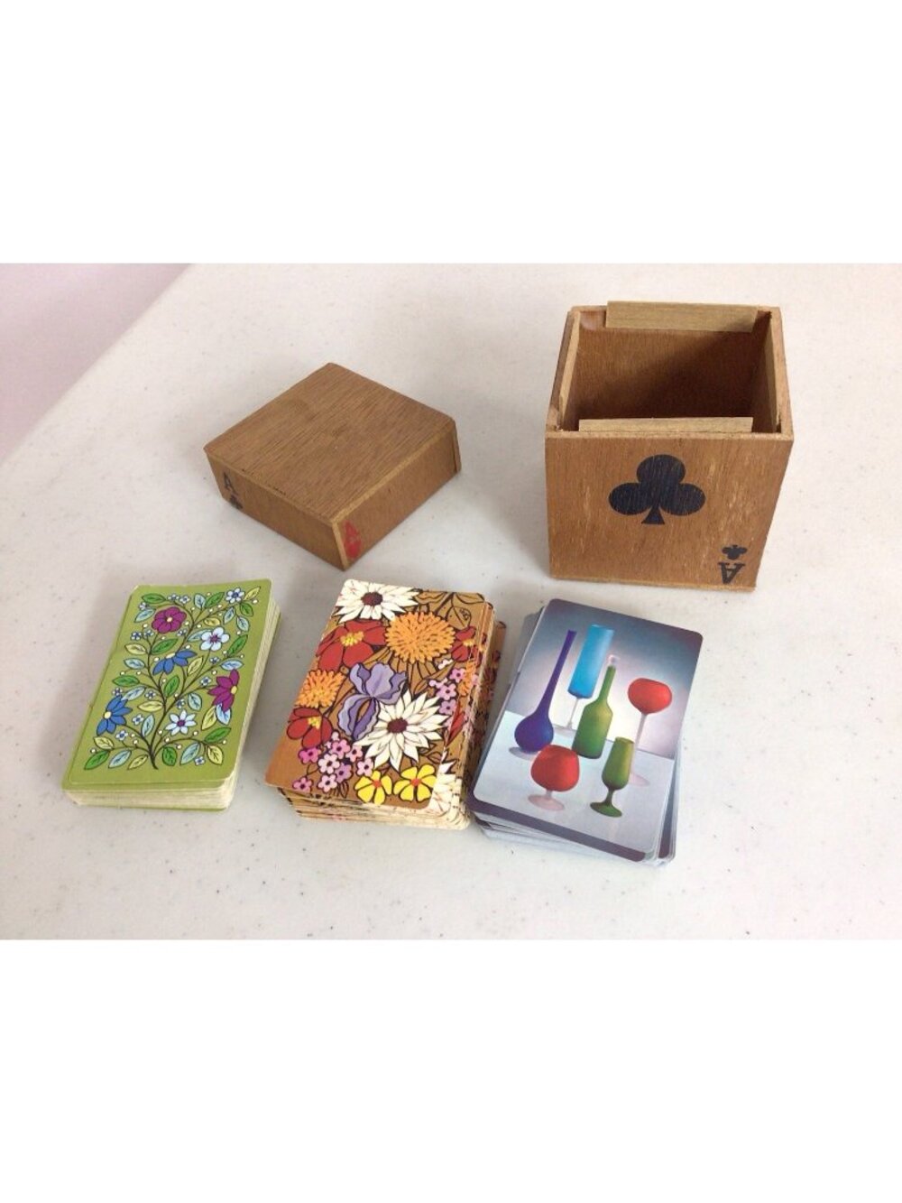 Vintage Wooden Card Box with 3 Decks Of Vintage Playing Cards